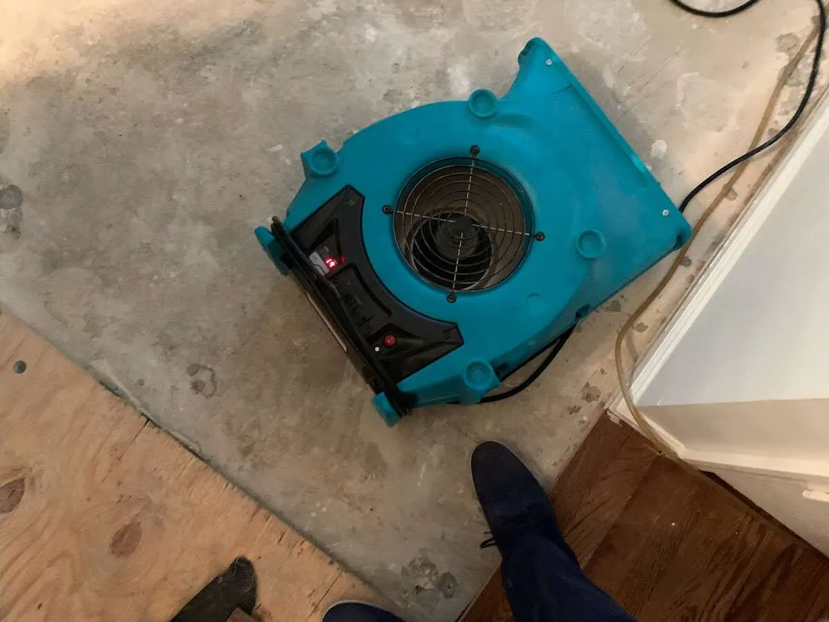Air mover drying subfloor during Leak Detection & Repair in Hardeeville